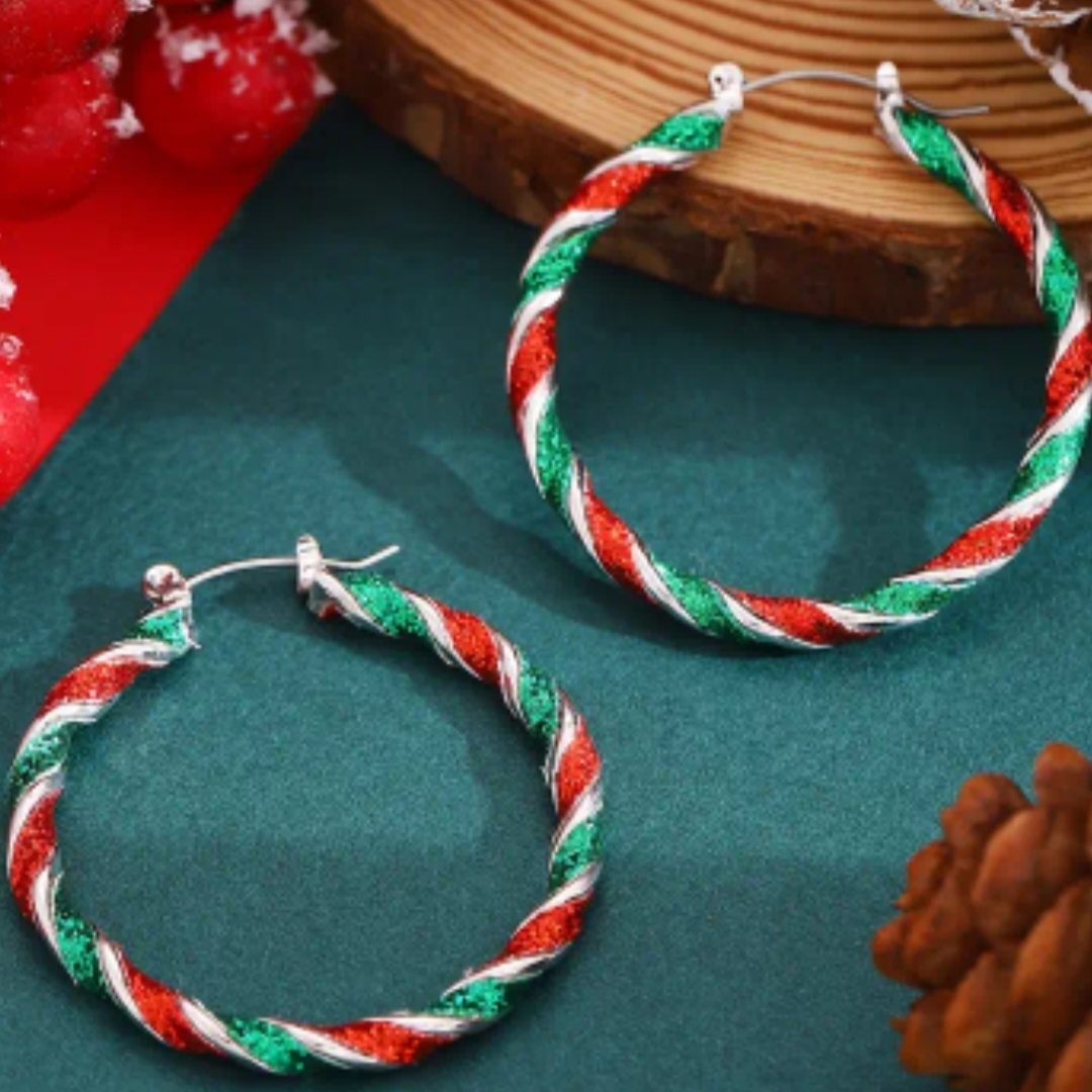 Festive Red And Green Twisted Hoop Earrings